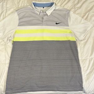 Nike Golf Shirt Modern Fit Men’s XL White w/ Light and Dk Gray & Neon Stripes.